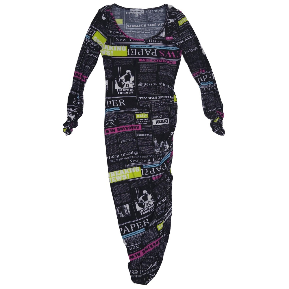 Almost Famous Newspaper Print Dress S Womens Ruched‎ Long Sleeve Midi Black